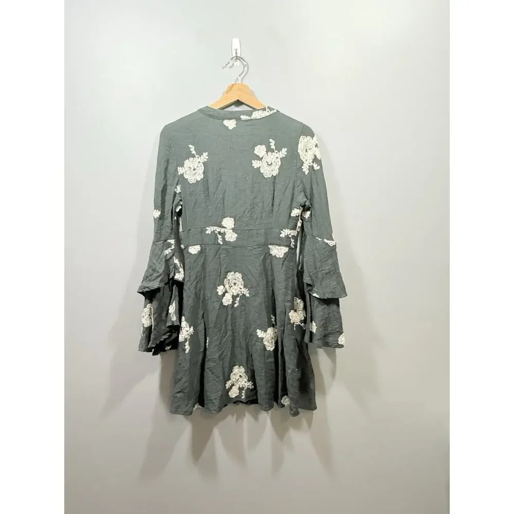 Sadie and Sage Green White Floral Embroidered V-Neck Bell Sleeve Dress